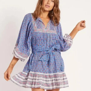 Cleobella Magdalena Mini Dress Lotus Blue Pink Mixed Printed Tie Waist size M